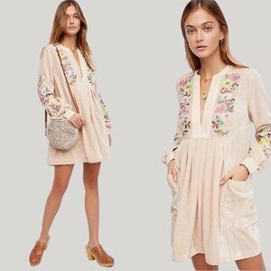 Free People Mia Embroidered Velvet Mini Dress in Beige — Size XS (Oversized Fit)